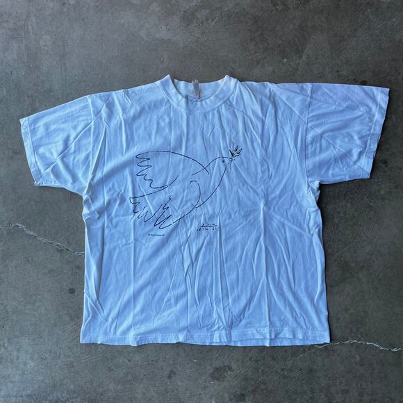 VINTAGE PICASSO DOVE OF PEACE BIRD ART TEE WHITE SHIRT MENS XL SUCCESSION 90S - Picture 1 of 6